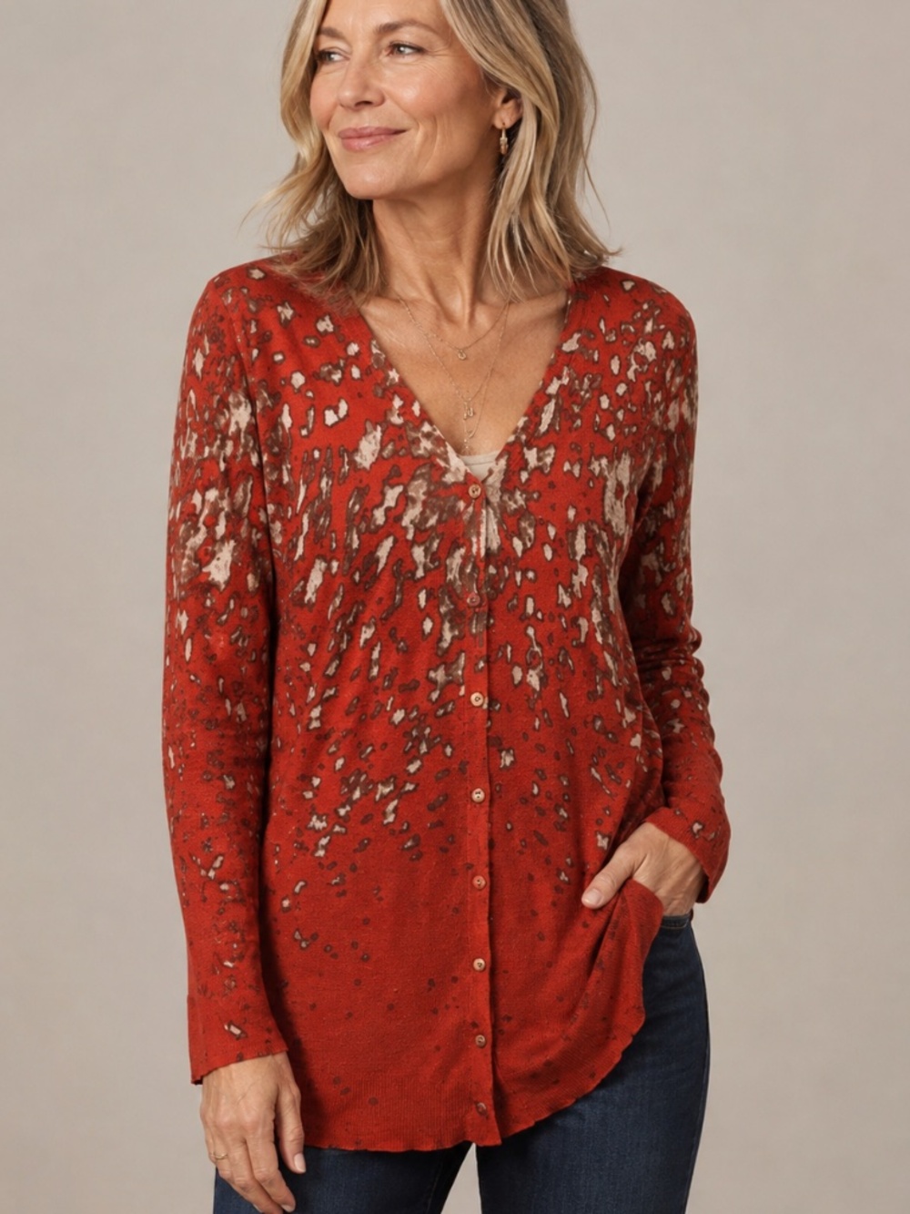 Marla Wynne - Lightweight Long Cardigan | Rust Red Abstract Print - SzS